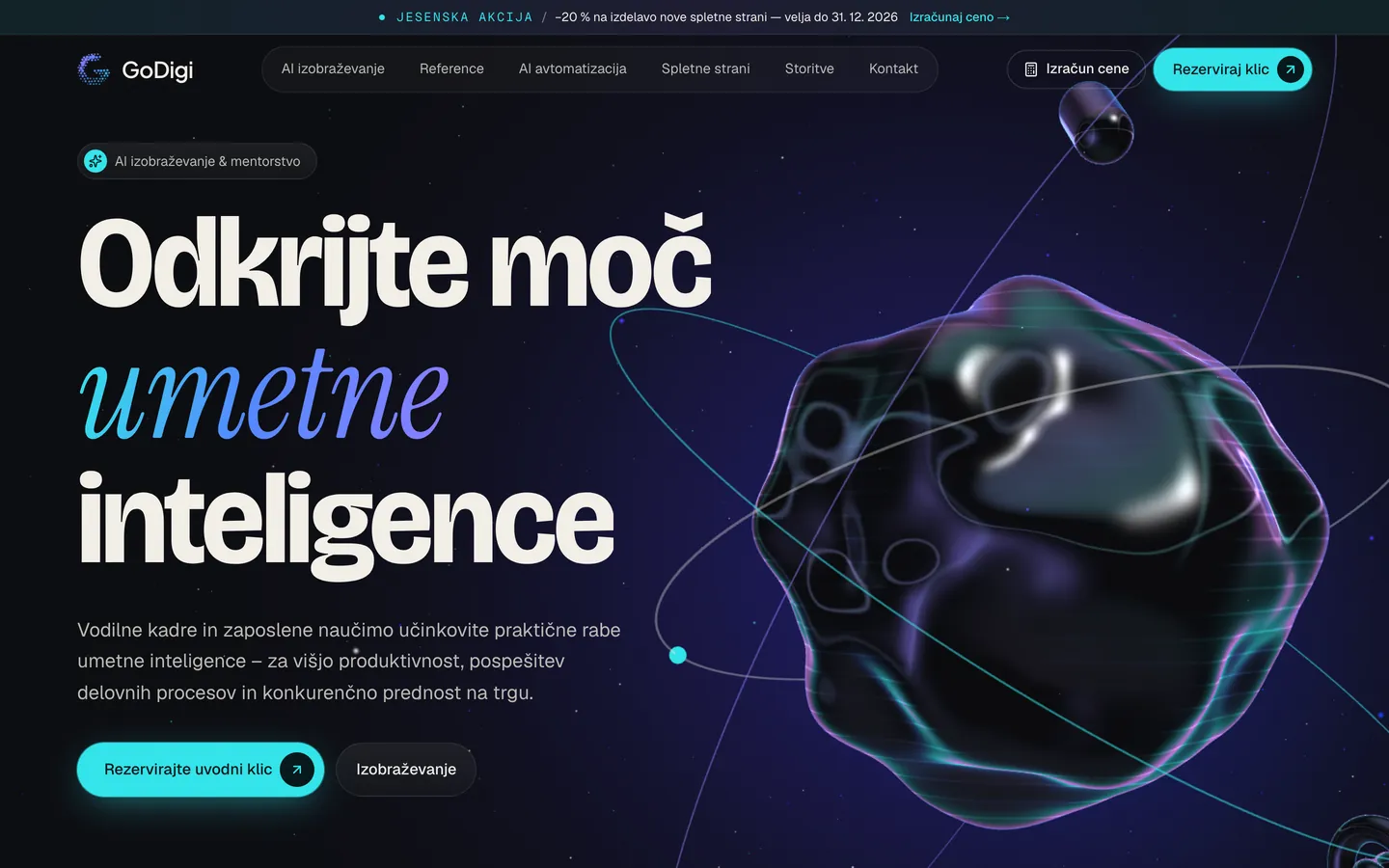Redesigned GoDigi website: 3D introduction with the headline “Odkrijte moč umetne inteligence”