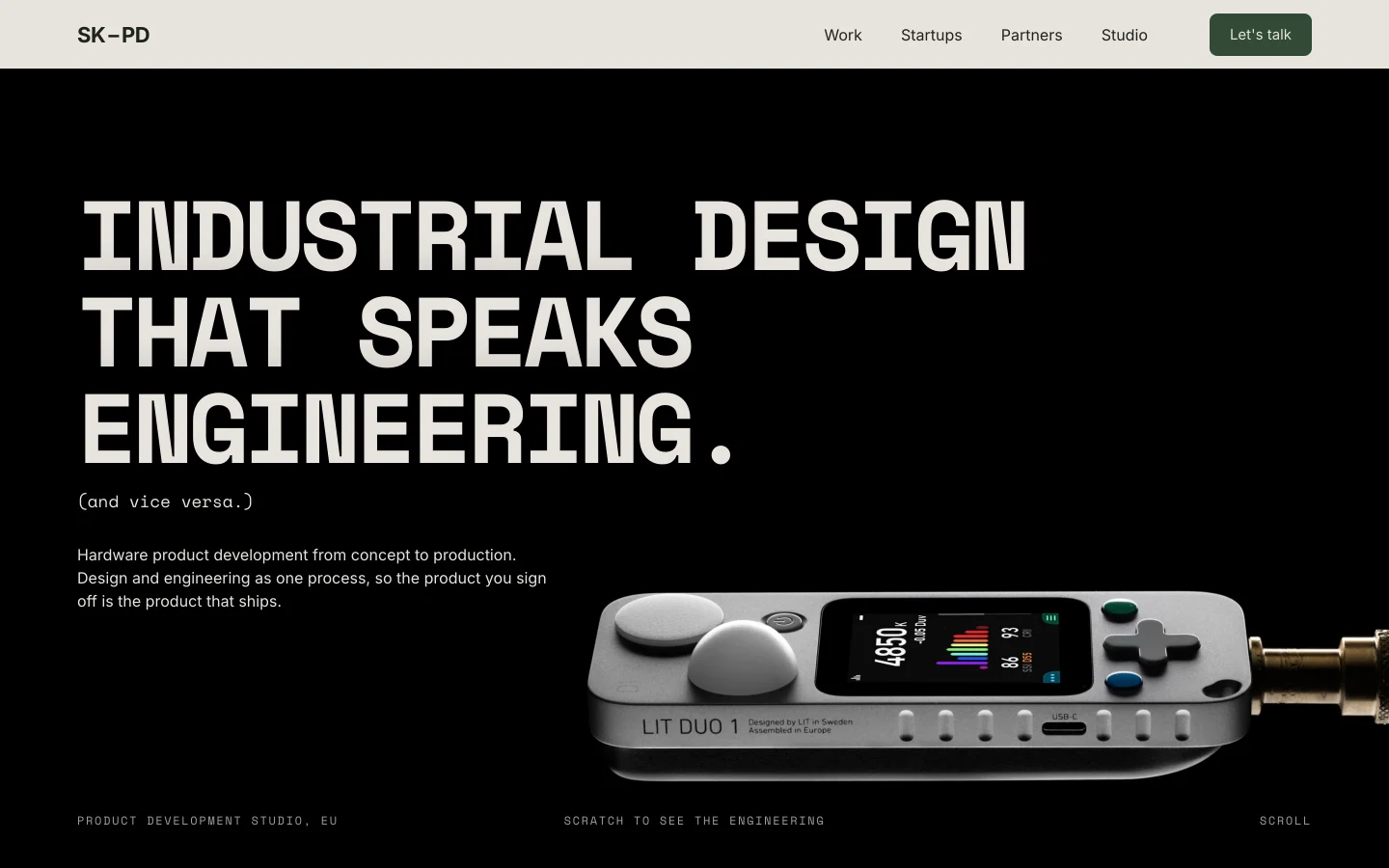 SK-PD website: dark introduction “Industrial design that speaks engineering.”