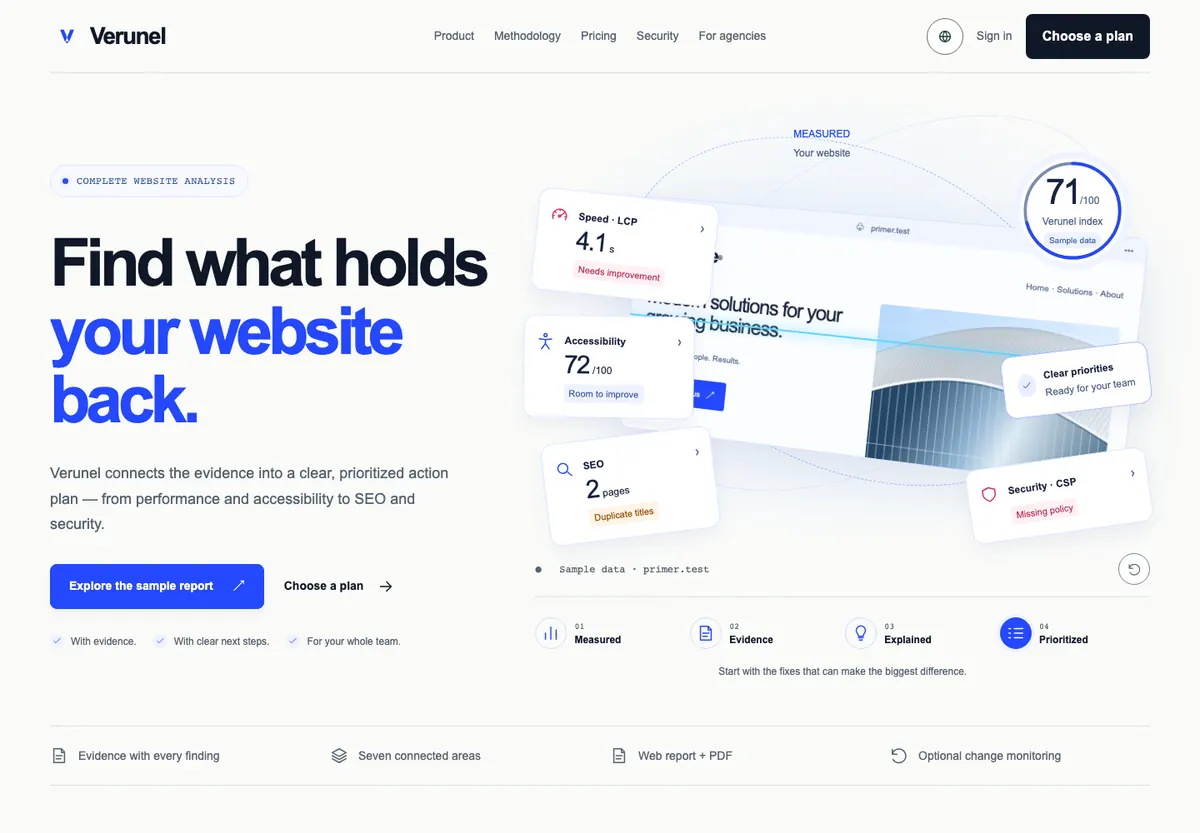 Verunel homepage in English, light theme: “Find what holds your website back.”
